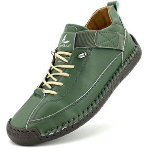 Women's Comfort Walking Shoes, Handstitched Pu Leather Ankle Boots, Green Slip-On Outdoor Flats (8)