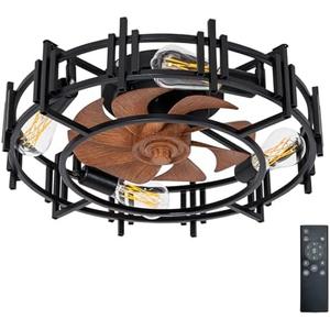 CREATE BRIGHT 20'' Modern Black Caged Ceiling Fans Low Profile Ceiling Fans with Lights and Remote,Timer,6 Speeds Quiet Reversible Dc Motor for Bedroom,Kitchen,Indoor