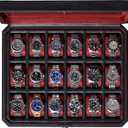ROTHWELL 18-Slot Watch Case Luxury Watch Box for Men, Real Glass Top, Lockable, Elegant Display for Collections (Black/Red)