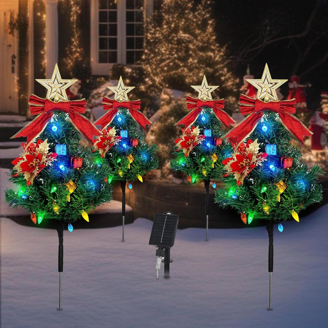 Tngan Solar Christmas Tree Pathway Lights Outdoor, Set of 4 Solar Christmas Tree, 80 Outdoor LEDs Xmas Pathway Lights, Garden Decor DIY Xmas Tree Gift (Multicolor)