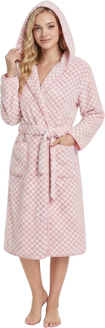 PJGGZ Checkered Hooded Bathrobe for Women, Lightweight Microfiber Towel Material Quick Dry Soft Absorbent Y2K Trendy Robe (Pink, L)