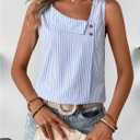 Women's Button Asymmetrical V Neck Striped Print Blouses Casual Sleeveless Tank Top Summer Shirt Tops (Blue, L)
