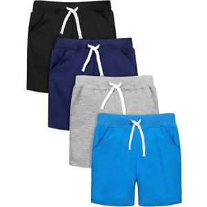 Resinta 4 Pack Toddler Boy Shorts Baby Boy Cotton Shorts Soft Casual Elastic Waist with Drawstring Boys Clothes for Summer (Black, Navy, Light Gray, Royal Blue)