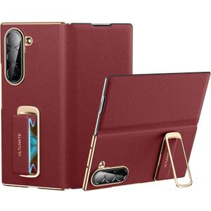 Magnetic Leather Case for Samsung Galaxy Z Fold 6 with Rotating Kickstand & Wrist Strap, Premium Vegan Leather & Full Hinge Camera Protection, All-Around Shockproof Protection Cover, Red