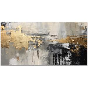 Black White and Gold Abstract Art Oil Painting Modern Living Room Decor Home Office Wall Decoration (40L" x 20W")