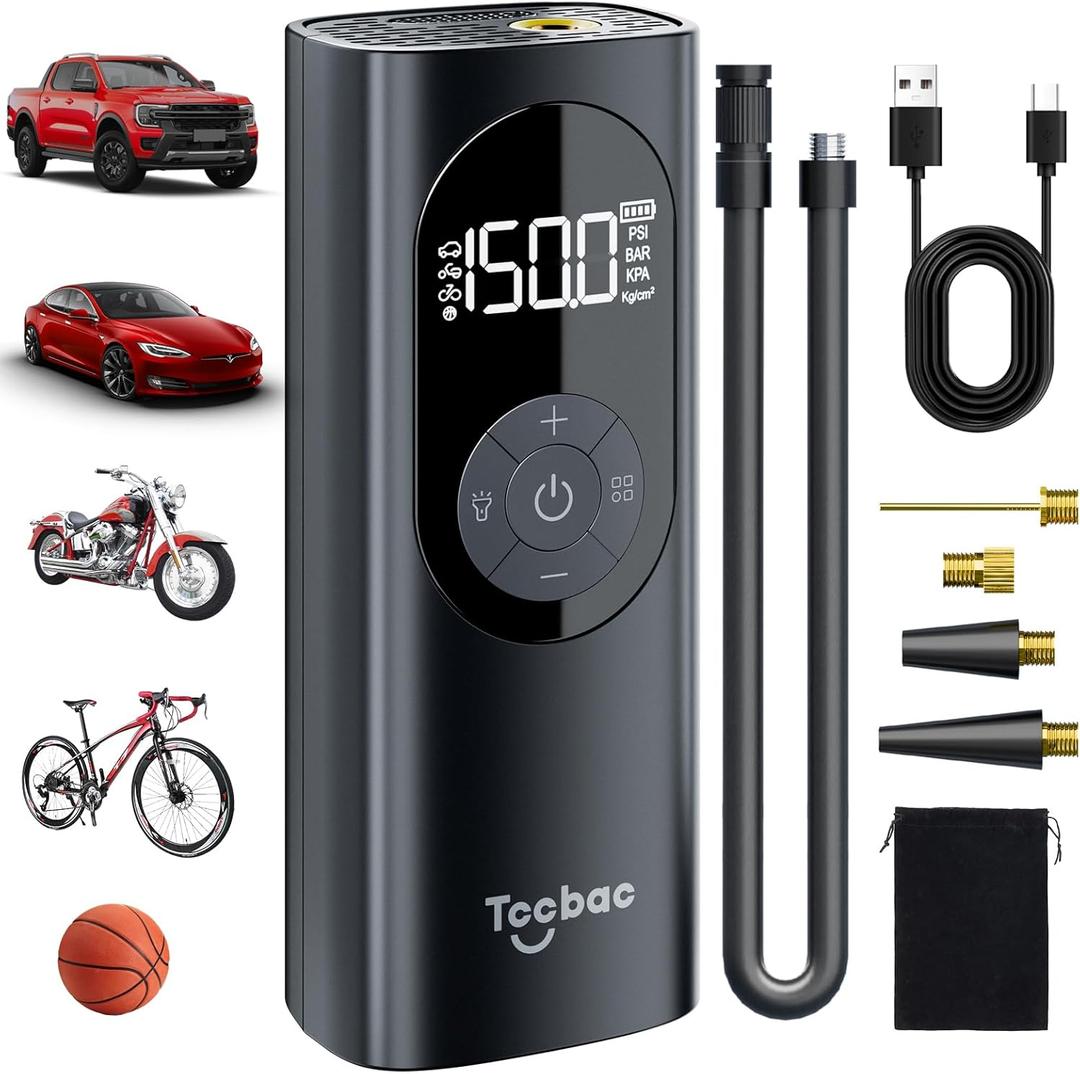 Tire Inflator Portable Air Compressor for Car,Large motor 2x Fast,Tccbac Bike Pumps with 150 PSI High Pressure Gauge and LED Light,Tire Pump Auto Shut-Off Electric Air Pump for Car Ball Motorcycle