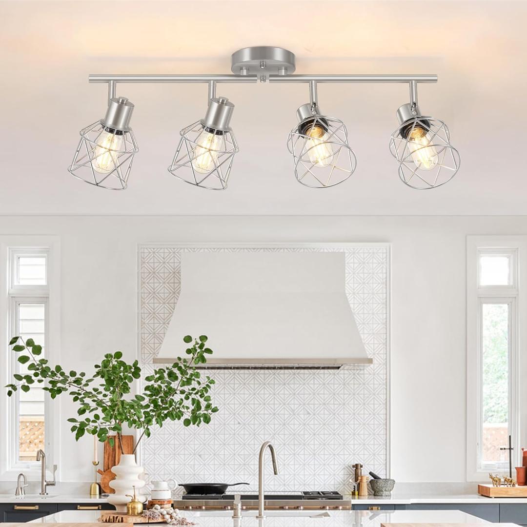 Baocuz 4-Light Kitchen Lighting Fixtures, Adjustable Multi-Directional Brushed Nickel Track Ceiling Light, Semi Flush Mount Ceiling Spotlight with Wire Cages for Living Room, Bedroom, Hallway