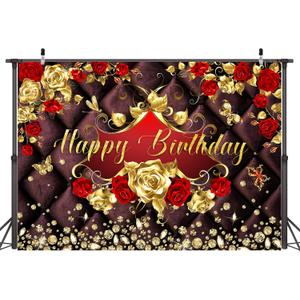 Floral Happy Birthday Backdrop 8 x 6 ft for Girls Woman Wedding Anniversary Party Decorations Banner Luxurious Golden Red Rose Elegant Velvet Retro Theme Background for Memorial Day