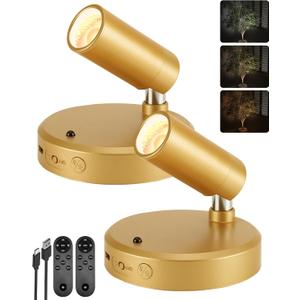 EZVALO LED Spotlight Indoor, 5500mAh Rechargeable Battery-Powered Uplights Indoor, Wireless Mini Art Accent Spot Lights with Remote, for Plants, Display, Painting, Artwork, Portrait (2-Pack-Gold)