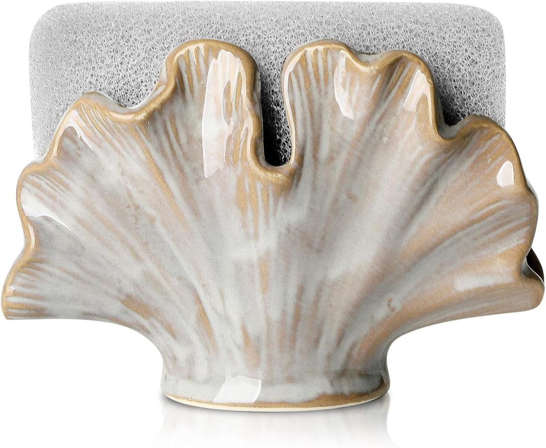 Uiddo Ceramic Sponge Holder,Sponge Holder for Kitchen Sink,Compact Sink Caddy Organizer-Scouring Pad and Dish Holder,Farmhouse Kitchen Decor Cute Gadgets Accessories(Brown Grey)