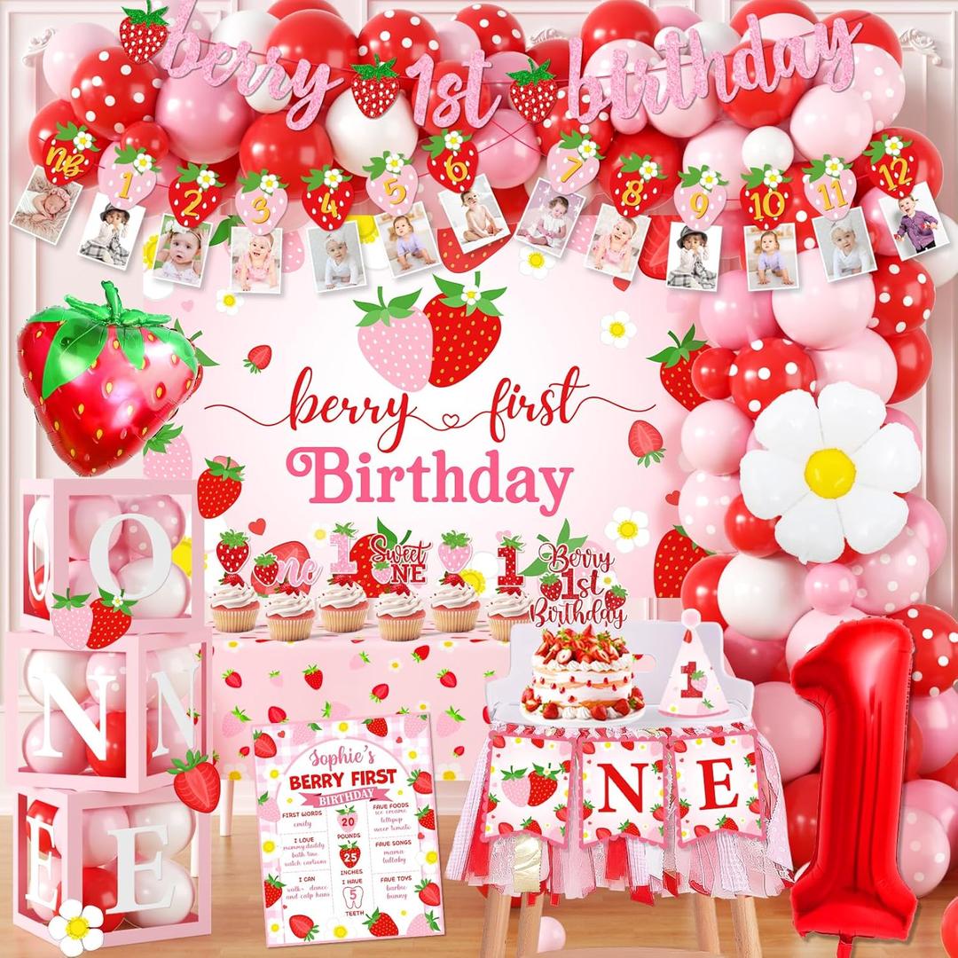 Berry First Birthday Decor, Strawberry 1st Birthday Decorations Girl with Strawberry Balloons Berry First Party Backdrop Photo Banner Cake Toppers for Girl 1st Party Decorations