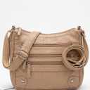 Women's Multi-Pocket Faux Leather Crossbody Bag – Medium Shoulder Purse with Adjustable Strap and Functional Zipper Pockets, Taupe / Beige