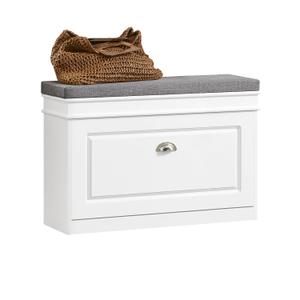 SoBuy Shoe Storage Bench with Cushion, White Narrow Shoe Rack for Entryway, Small Shoe Cabinet with 2 Tiers Flip-Drawer, Closet Hallway Mudroom FSR82-L-W (1 Drawer (L))