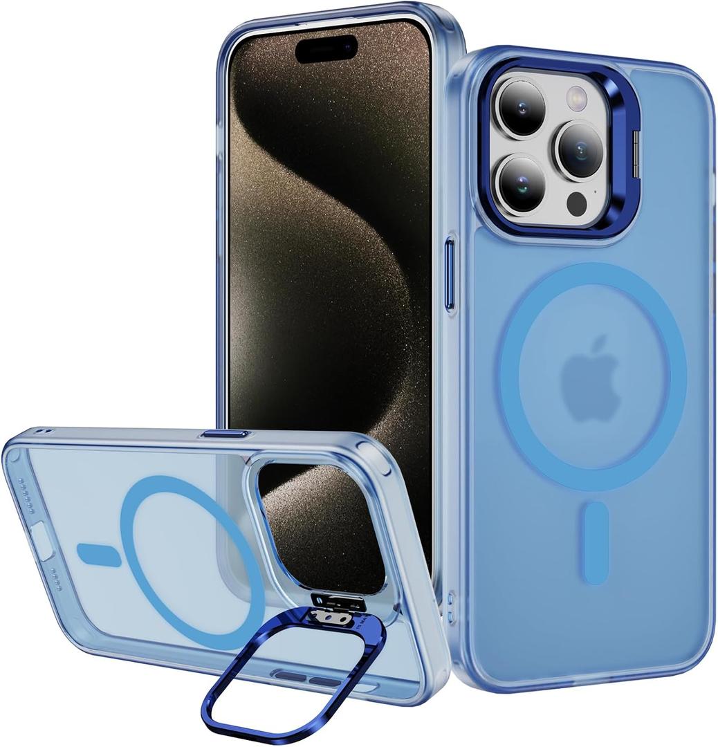 4 x for iPhone 15 Pro Case Compatible with Magsafe, Clear Transparent Camera Kickstand iPhone 15 Pro Case Shockproof Heavy Duty Protective Cover Case for iPhone 15 Pro, Blue02