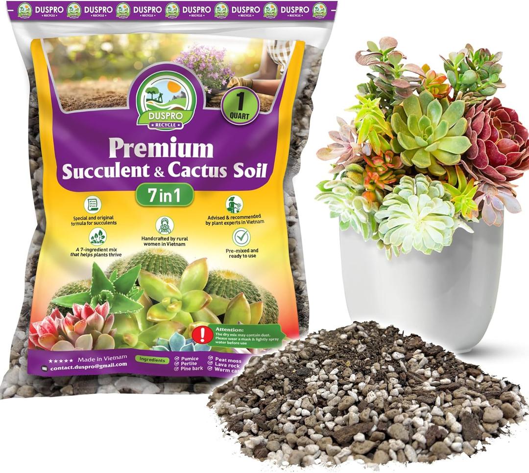 DUSPRO Succulents Soil Potting Mix  7 in 1 Ingredients Well-Draining, Nutrient-Rich Cactus Potting Soil for Succulents and Cacti, Indoor & Outdoor Use, Ready to Use, Supports Healthy Root Growth, 1QT