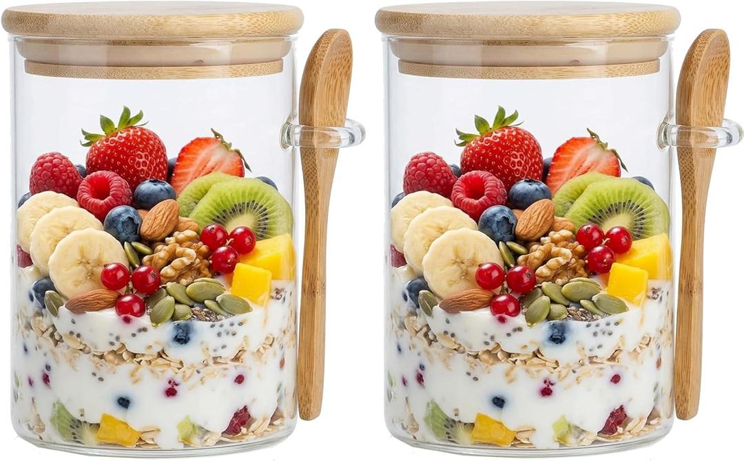 Overnight Oats Containers with Lids,17oz Oats Glass Jars Storage Containers, Oatmeal Cups,Meal Prep Containers,Glass Coffee Nuts Canister For Pantry Cereal Sugar Tea Beans(2)