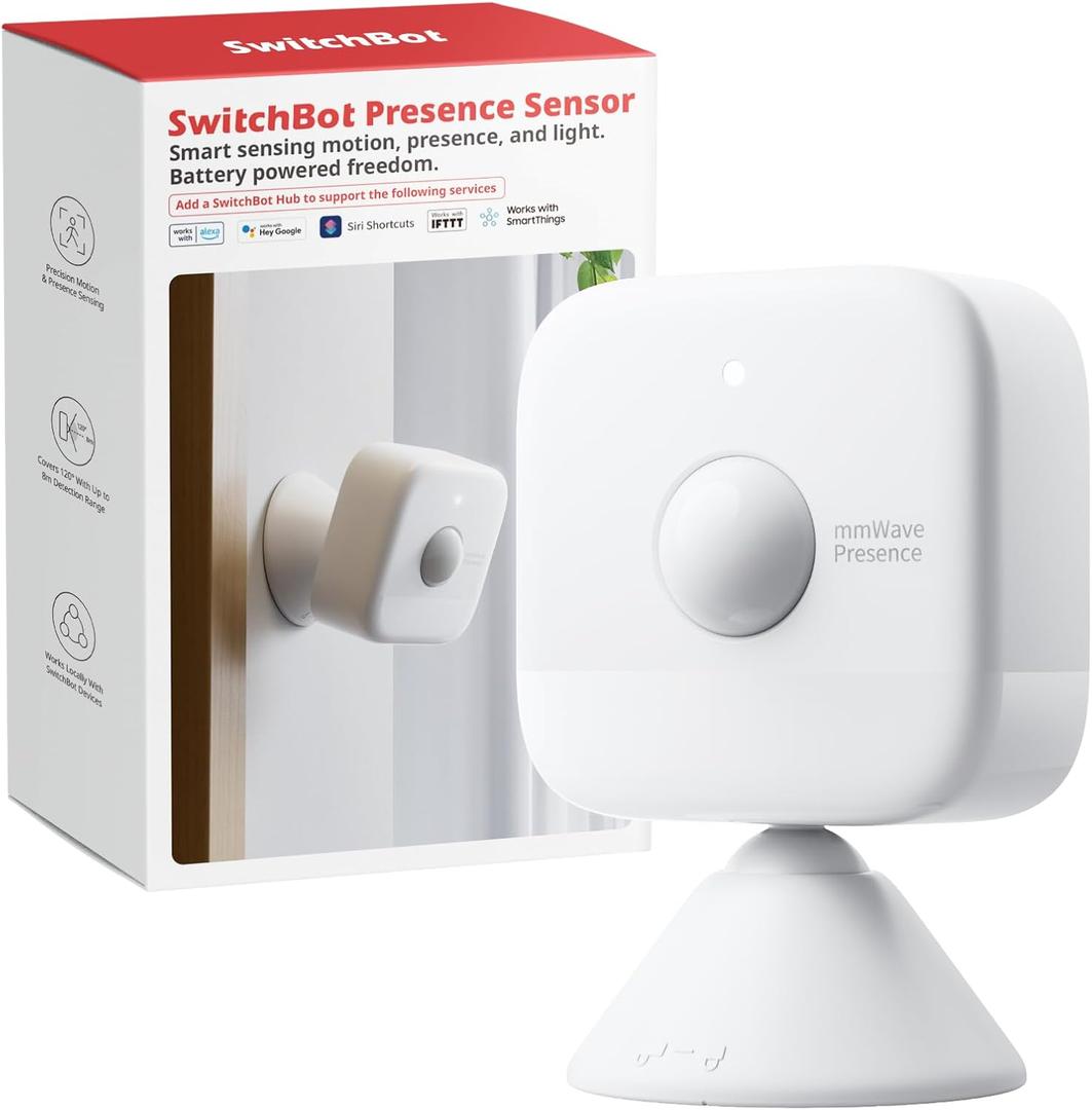SwitchBot Smart mmWave Radar Motion Sensor, Bluetooth Presence Sensor with Dynamic Detection & Zone Positioning, Compatible with Alexa, HomeKit & Apple Home via SwitchBot Hub (Presence Sensor)