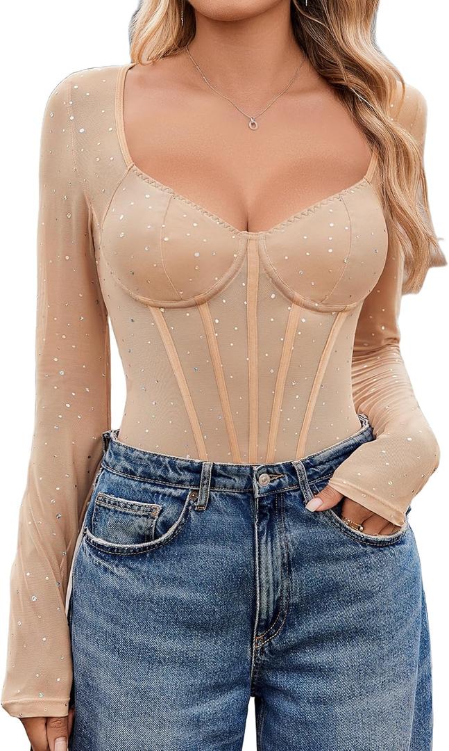 Avidlove Women Long Sleeve Bodysuit Sparkle Body Suits Top Mesh One Piece Leotard Shirt Going Out Tops Fall Outfits (X-Large, Nude)