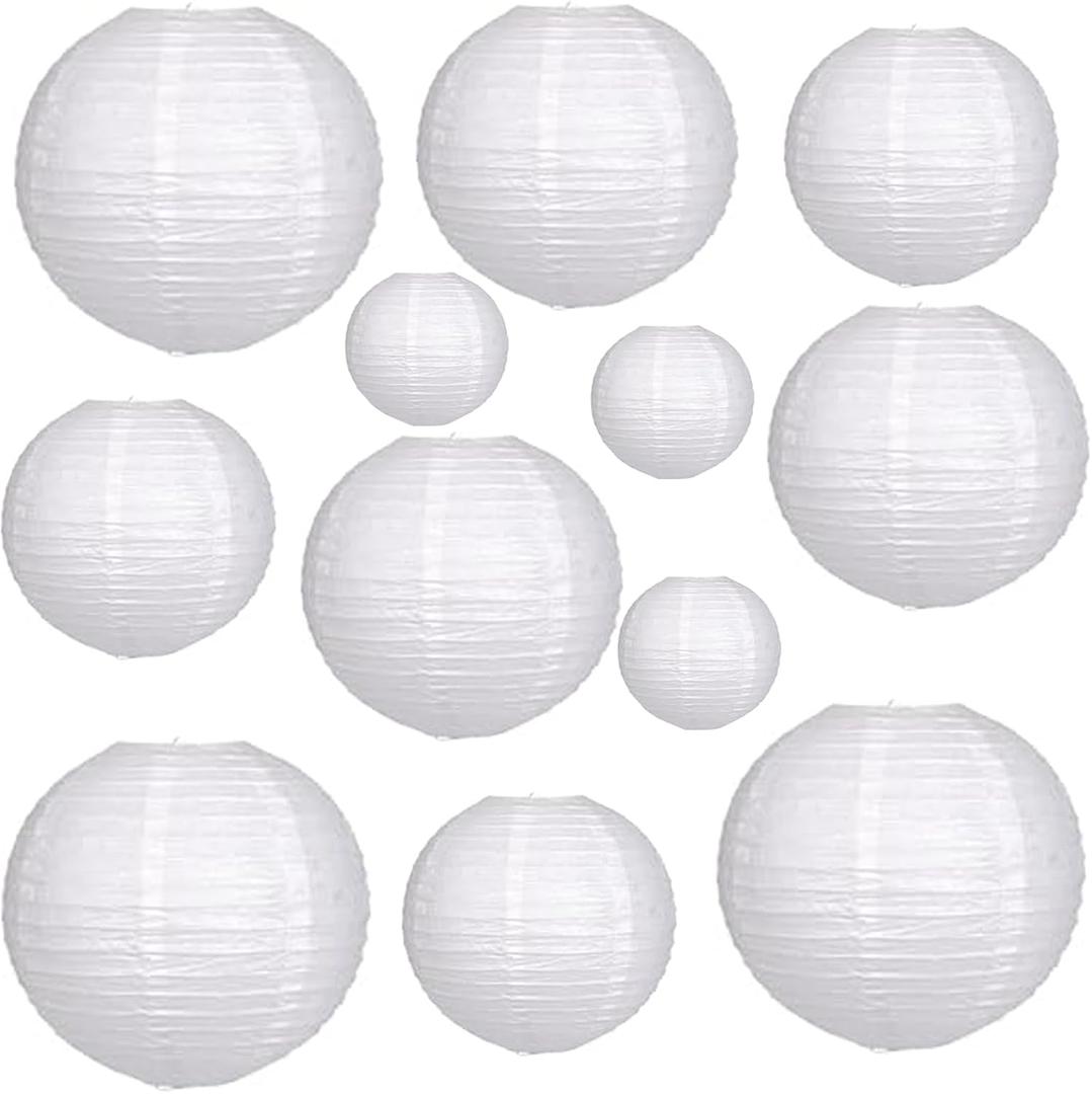 12Pcs Paper Lanterns 6, 8, 10, 12,Paperlanterns Party Decoration, White Paper Lanterns for Wedding, Bridal, Birthday, Outdoor, Home, Garden, Holiday and Party.