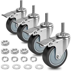 AAGUT 4 Inch Brake Stem Casters 1/2"-13x1-1/2, Swivel Stem Wheel, Replacement Caster Wheels Heavy Duty for Wire Shelving Racks Set of 4