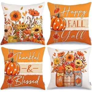 GEEORY Fall Throw Pillow Covers 18x18 Inch Set of 4, Pumpkins Floral Mason Jars Happy Fall Y'all Thankful & Blessed Orange Autumn Seasonal Decorative Farmhouse Decoration for Home G552-18