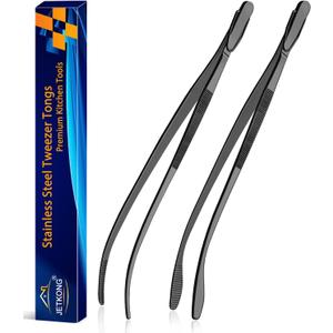 JETKONG 2 Pcs 12'' Curved Kitchen Tweezers Stainless Steel Long Tweezer Tongs Professional Chef Tweezers for Cooking, Grilling and BBQ (Black)