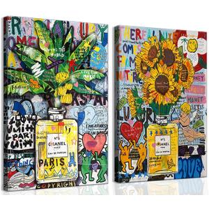 Framed Set of 2 Fashion Modern Graffiti Wall Art Colorful Street Art Canvas Painting - Perfume Bottle Posters Banksy Colorful Print Pop Art Pictures Wall Decor 16"*24"*2