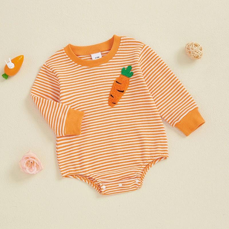 Baby Boy Girl Easter Outfit Sweatshirt Romper Striped Carrot/Bunny Long Sleeve Bubble Romper Waffle Knit Bodysuit (3-6 Months, Blue)