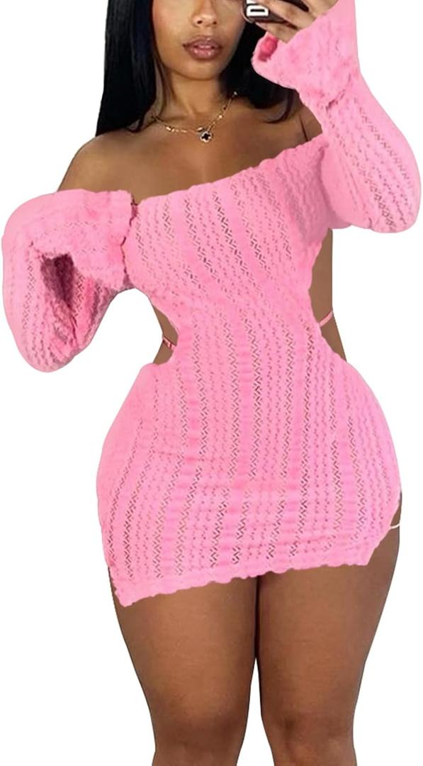 Sexy Off Shoulder Fuzzy Y2K Mini Dress for Women Strappy Backless Long Sleeve Party Club Birthday Dresses Date Night (Large, Pink)