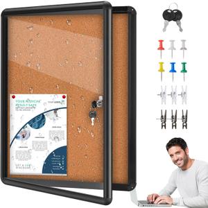 26"x20" Enclosed Cork Bulletin Board Tamper-Proof Dispaly Case,Aluminium Frame,Shatter Resistant Lockable Bulletin Board with Clear Acrylic Door for School,Office,Mall,Community,Hospital