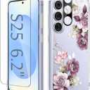 GVIEWIN for Samsung Galaxy S25 Case, Clear Floral Slim Shockproof Protective Women Phone Case, Non-Yellowing, with Screen Protector & Camera Lens Protector for Galaxy S25 6.2", Cherry Blossoms