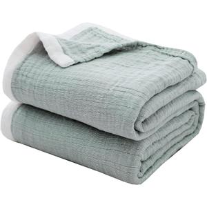 SE SOFTEXLY Cotton Muslin Blankets 4-Layer Linen Texture Blankets for Bed Couch,Thermal Blanket for Adults Lightweight Soft Breathable Throw Blanket for All Season Gauze Blanket(50"x60",Sage Green)