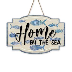 Bolisom Home by The Sea Front Door Sign, Beach Coastal Sea Fish Wood Hanger Outdoor Outside Porch Home Decor, Nautical Ocean Wooden Wreath Indoor Wall Hanging Decoration
