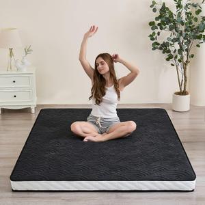 Zelladorra Japanese Floor Mattress, Quilted Futon Mattress with Anti-Slip Bottom, Foldable Floor Bed with Storage Bag and Straps, (Black, Queen)