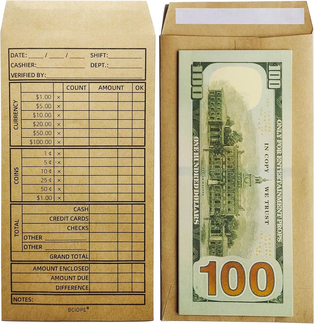Cashier Deposit Report Envelopes with Self Adhesive Flap for Coins, Cash, Credit Cards, 3.5'' x 6.5'', 500/Box