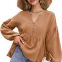 KOJOOIN Babydoll Tops for Women Plus Size T Shirts Peplum V Neck Ruffle Tunic Cute Fall Ladies Tops and Blouses, L Brown