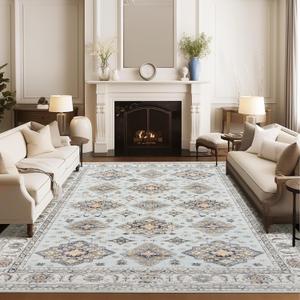 8x10 Washable Rugs for Living Room, Ultra-Thin Large Rug, Area Rug 8x10 for Bedroom, Vintage Printed Rug for Classroom, Dark Blue (8' x 10', Beige/Blue)