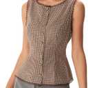RIHOAS Women's Brown Plaid Sleeveless Button Down Blouse - Lace Trim Fitted Waist Business Casual Work Tops for Spring Summer, XS