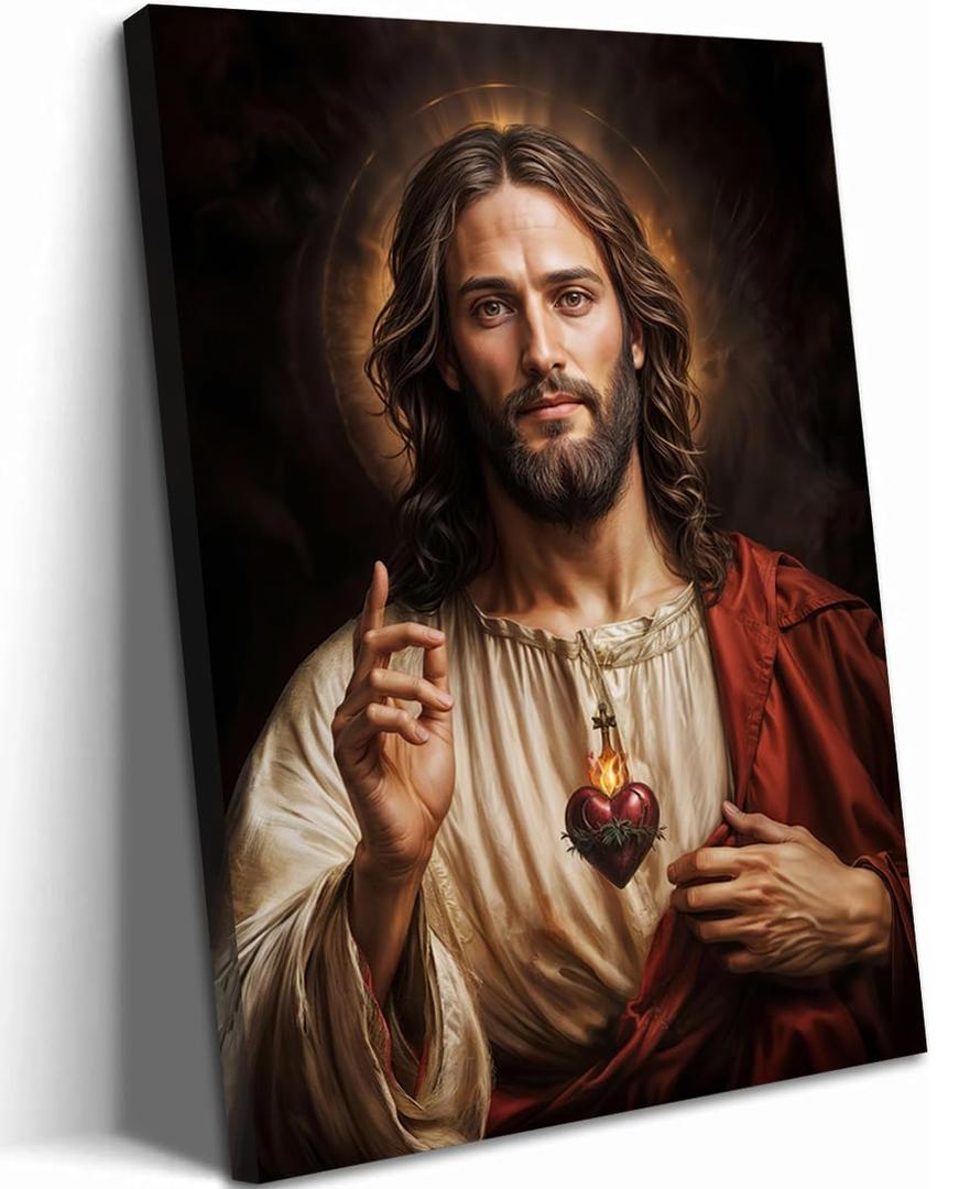 Framed Christian Wall Art, Sacred Heart of Jesus Pictures Wall Decor, Jesus Portrait Paintings Canvas Prints Religious Home Decor for Living Room Bedroom Church Prayer Room 16X24 inch