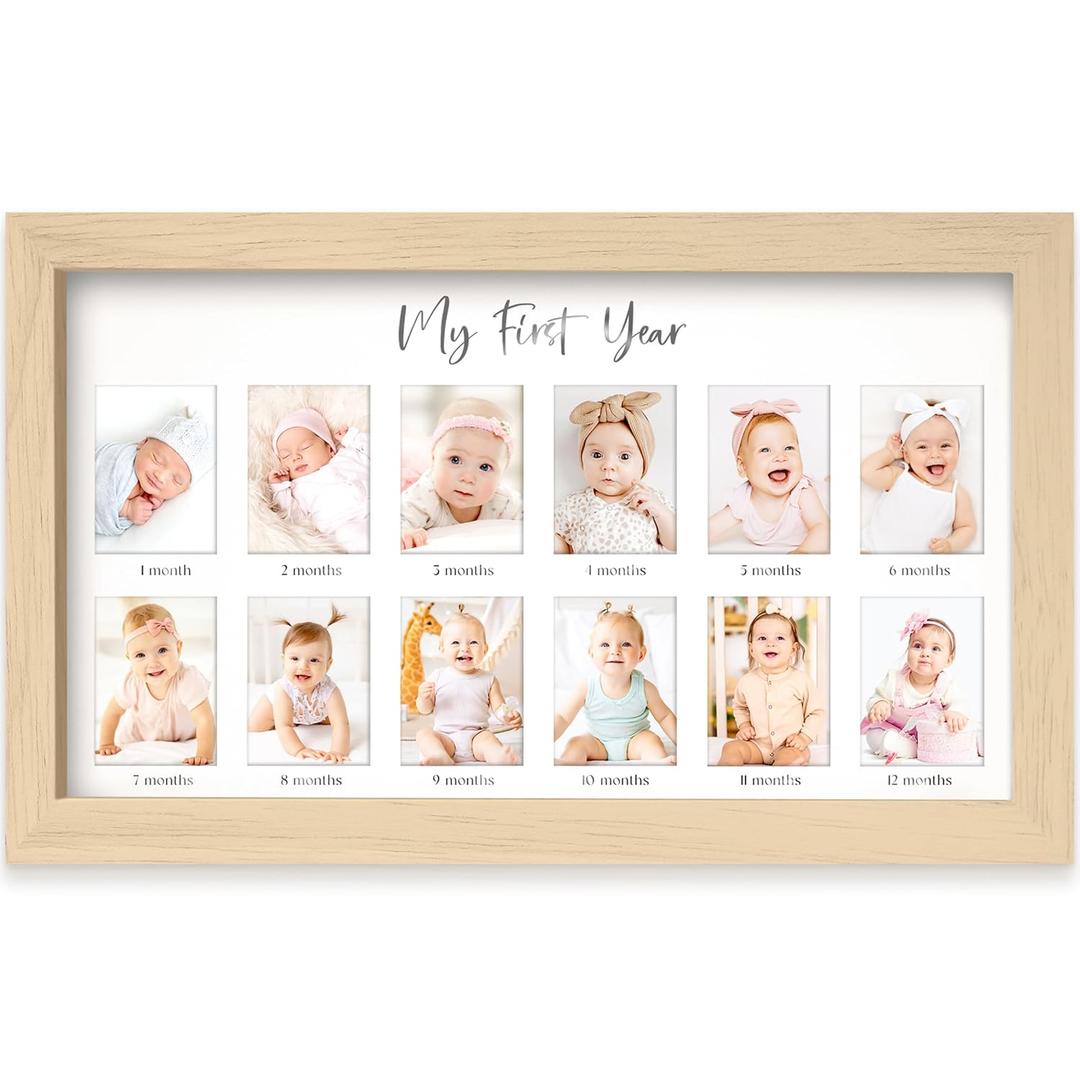My First Year Photo Frame, 12 Months Baby Picture Frame for Newborn Girl, Boy - Baby Shower Gifts Keepsakes, Monthly Baby's One Year Birthday Milestone, 1st Nursery Photo Collage Display Board (Ash Wood)