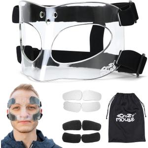 CrazyMouse CM01A Nose Guard for Broken Nose Adjustable Basketball Soccer Sports Face Shield Mask with Foam Padding for Adults Women Men Youth Teens (Clear+H Belt)