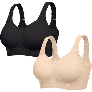 LetsJoli Bras for Women Supportive Wireless Push Up Bra Full Coverage No Underwire Seamless Plus Size for Older Women(Black+Nude,2PCS,S)