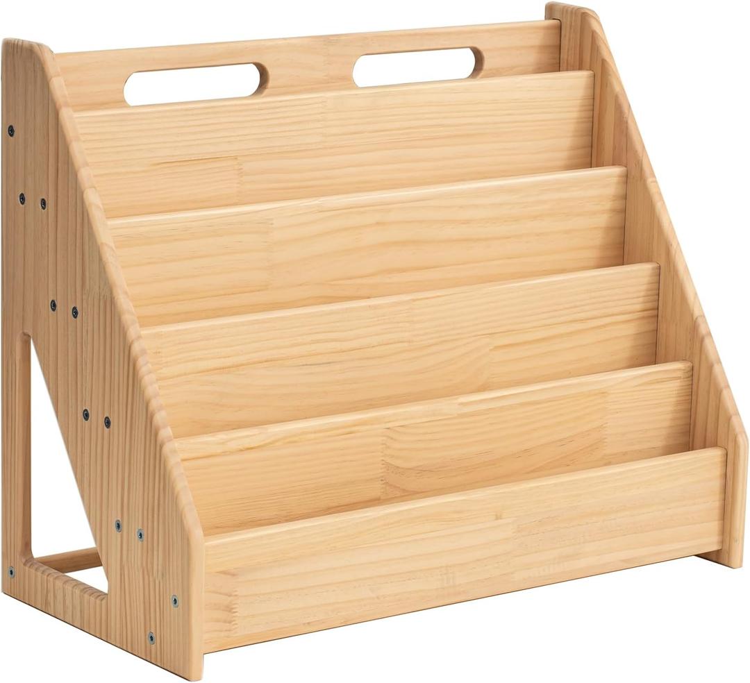 5 Tier Pine Wood Bookshelf Book Holder Wooden Kid's Book Rack Natural for Kids Room Study Room Play Room Books Magazines Storage Organizer, 24.02 Inches X 11.81 Inches X 19.49 Inches