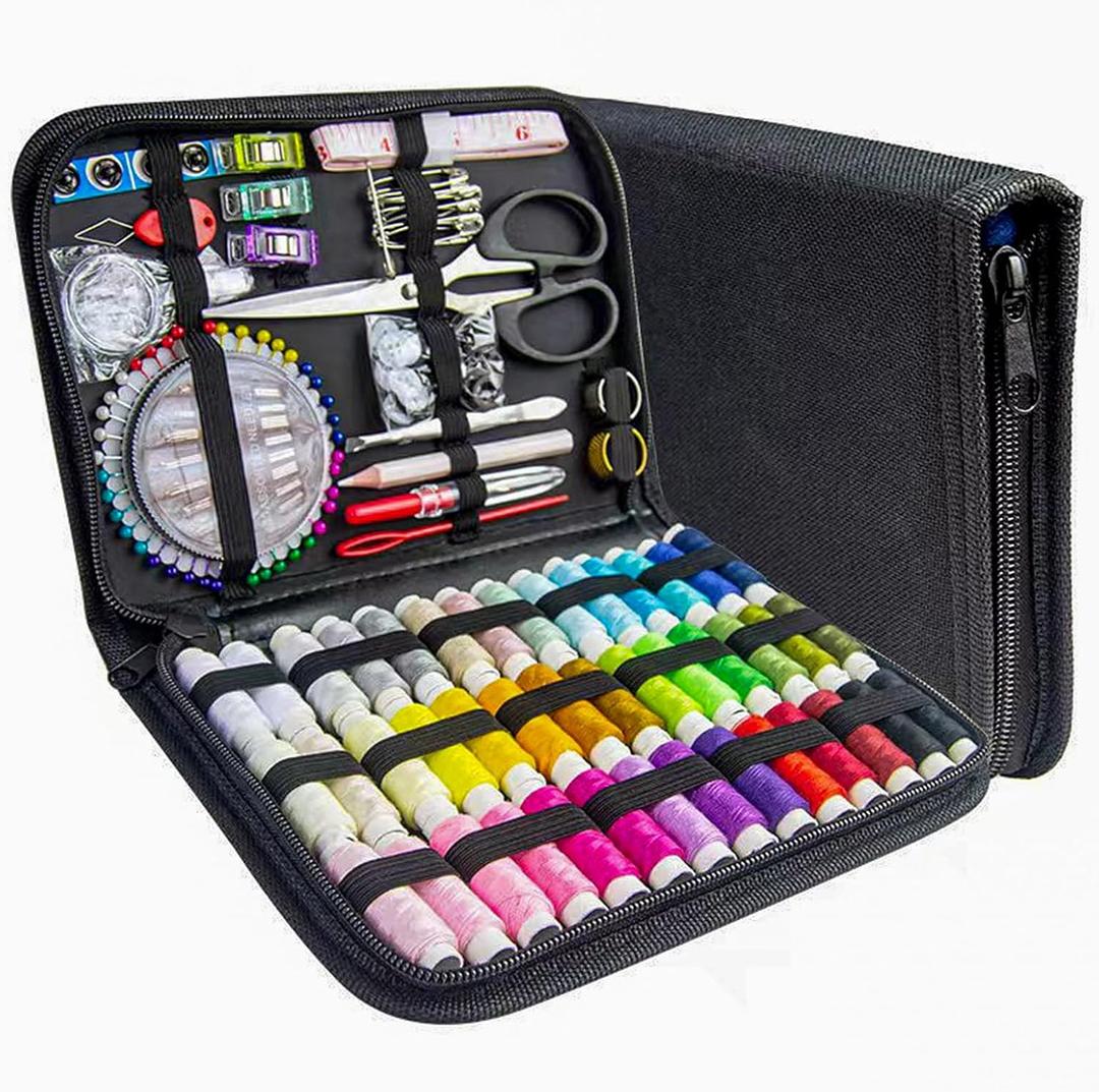 JUNING Sewing Kit with Black Case Portable Sewing Supplies for for Mom Grandma Women Men Teen Girls Boys Adults Beginner, Home Travel, Emergency, 42 Threads, Scissors, Needles, Measuring Tape and More