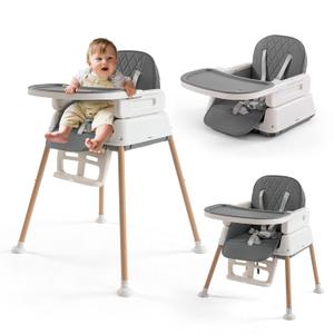 3 in 1 Baby High Chair, Portable High Chairs for Babies and Toddlers, Adjustable Convertible Infant Baby Feeding Chair Booster for Eating with Detachable Double Tray, 5 Point Harness (Gray)