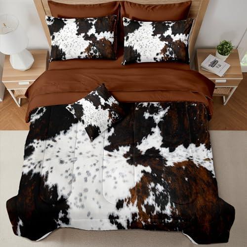 MUGINYU Brown Cowhide Comforter Set Queen, 8 Pieces Bed in a Bag Black White Cow Skin Print Western Farmhouse Animal Fur Bedding Set
