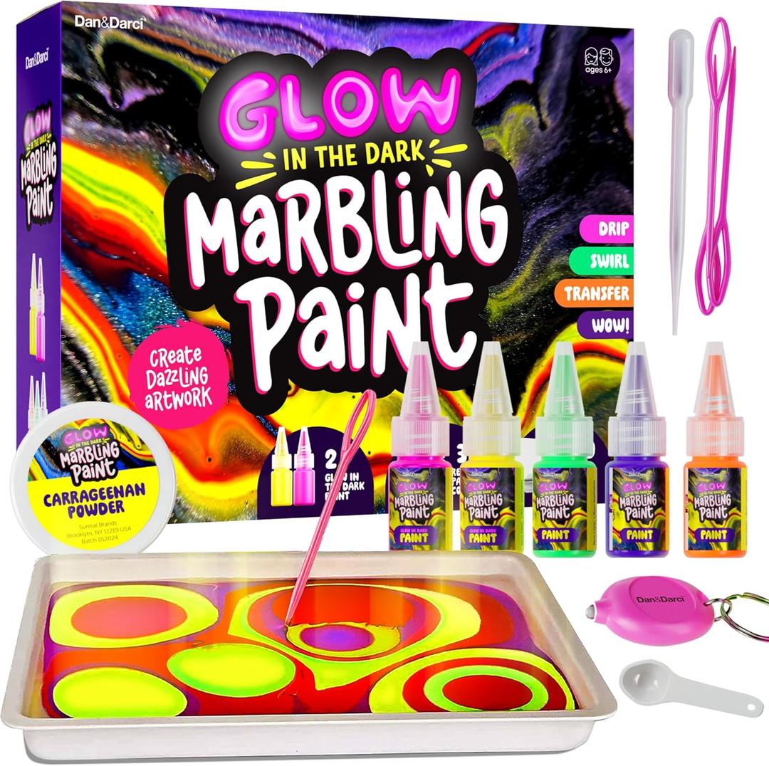 Dan&Darci Glow in The Dark Marble Paint Kit for Kids - Water Marbling Painting Art Set for Boys & Girls Ages 6, 7, 8, 9, 10, 11, 12 Year Old - Kid Crafts Birthday Gifts Toys - Arts Craft Activities