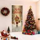 Merry Christmas Door Cover Banner, Winter Xmas Santa Claus Snowy Forest Front Door Cover Seasonal Holiday Party for Porch Entryway Wall Hanging Decoration, 35 * 79 Inch