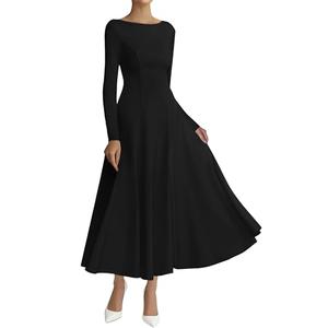 BTFBM Spring Dresses for Women 2026 Trendy Boat Neck Long Sleeve A Line Flowy Knit Loose Casual Elegant Party Maxi Dress(Black, Small)