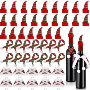 Nuenen 50 Pcs Mini Christmas Wine Bottle Cover Set Tiny Santa Hat Scarf Capelet Flute Topper Decoration Xmas Doll DIY Craft